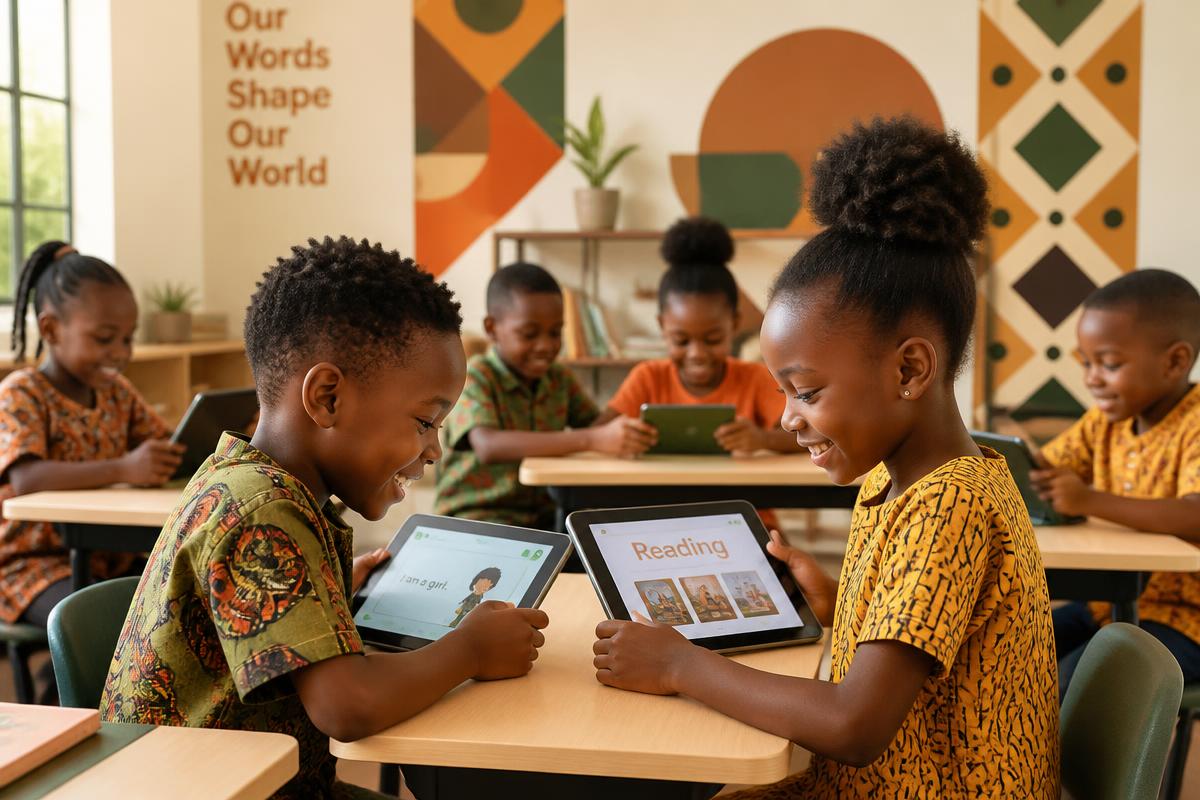 Children learning to read on tablets in a modern classroom